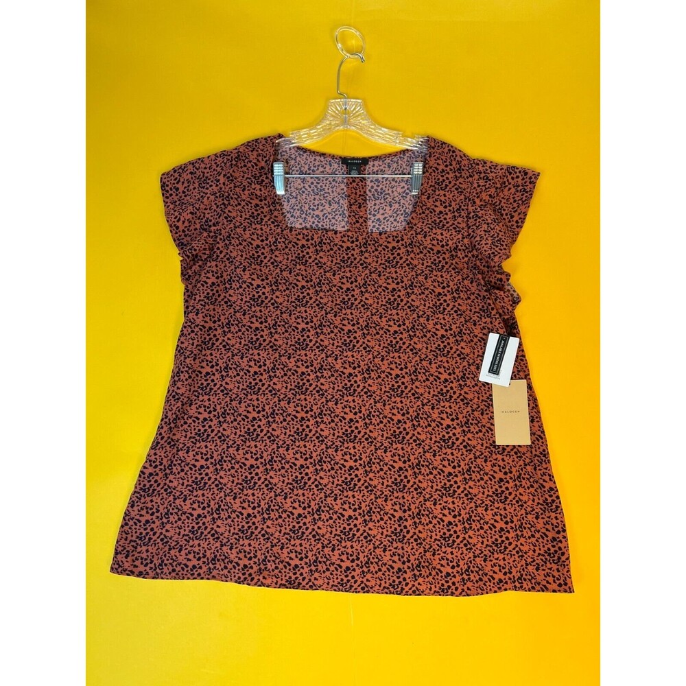 Halogen Leopard Print Blouse Top Womens 1X Red Button Up Back Flutter Sleeve NWT